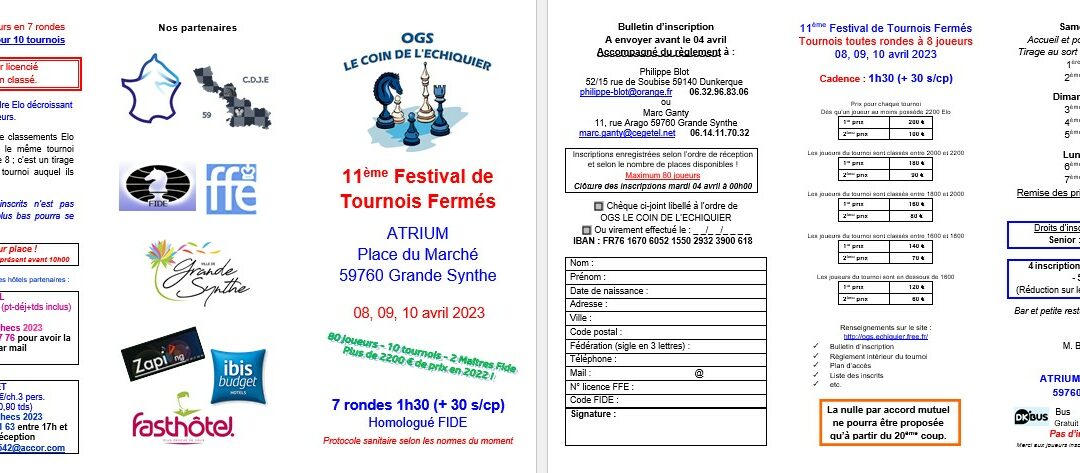 11ème Festival de Tournois Fermés – 08, 09 et 10 Avril 2023