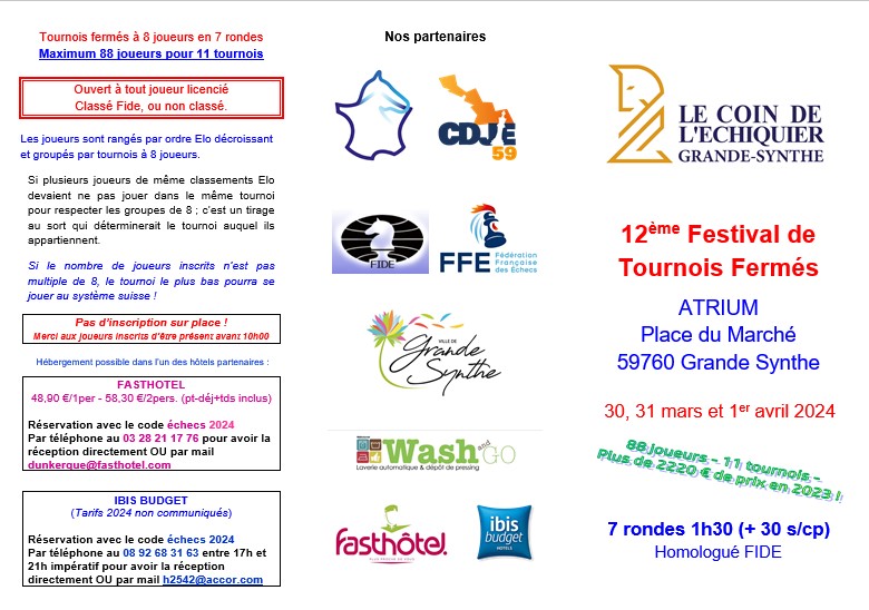 12e Festival de Tournois Fermés – Grande Synthe – 30, 31 mars et 1 avril